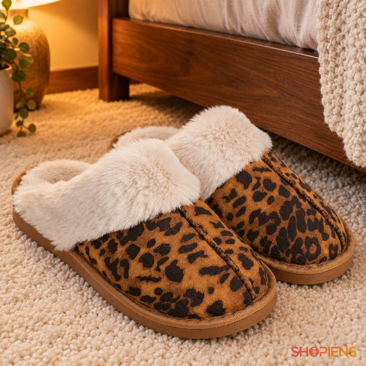 Papuci animal print cu bordură pufoasă — în decor de casă, mărimea 37-38