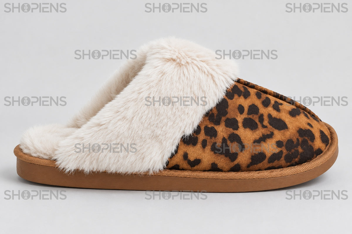 Papuci animal print cu bordură pufoasă — profil dreapta