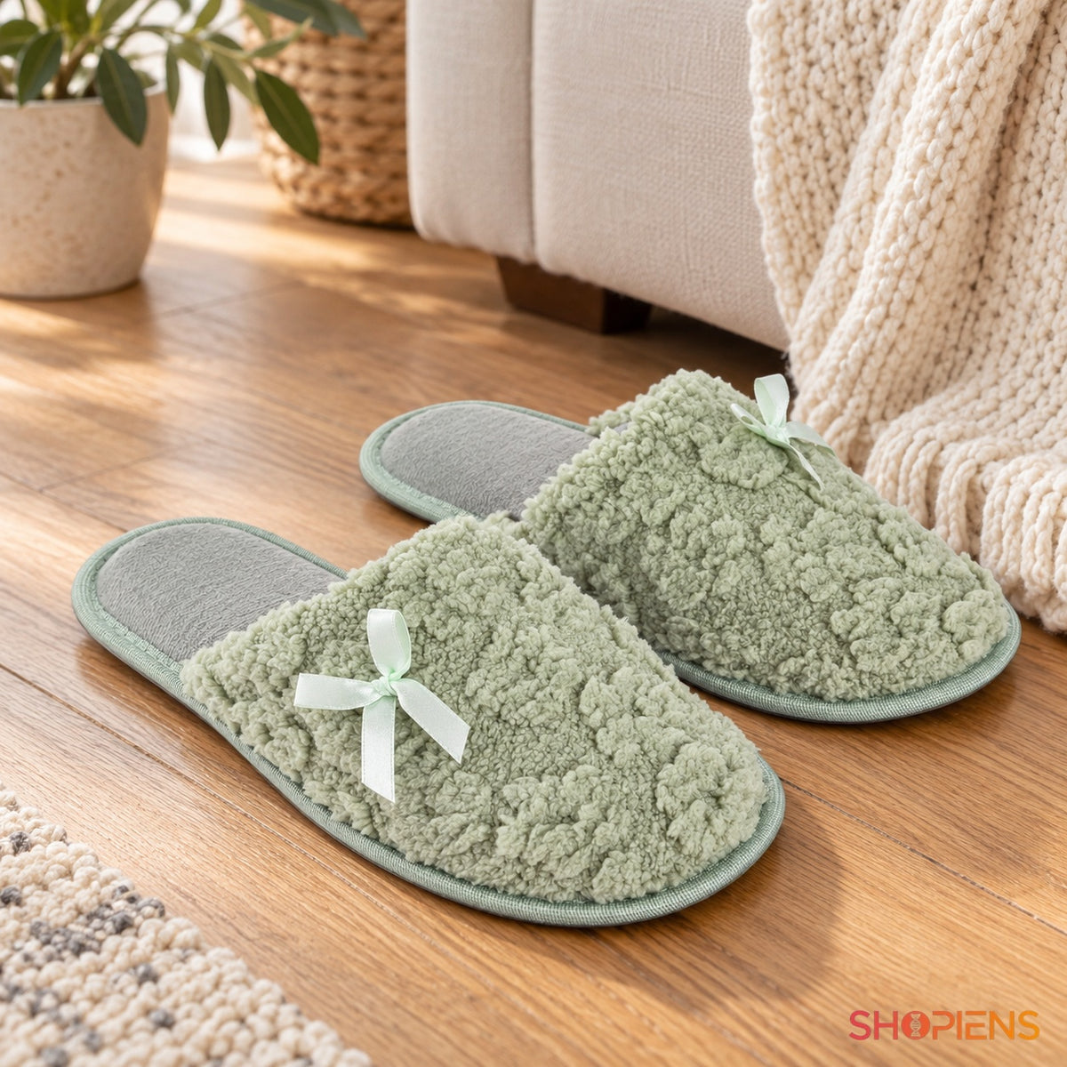 Papuci verde mentă cu flori în relief — în decor de casă, mărimea 37-38