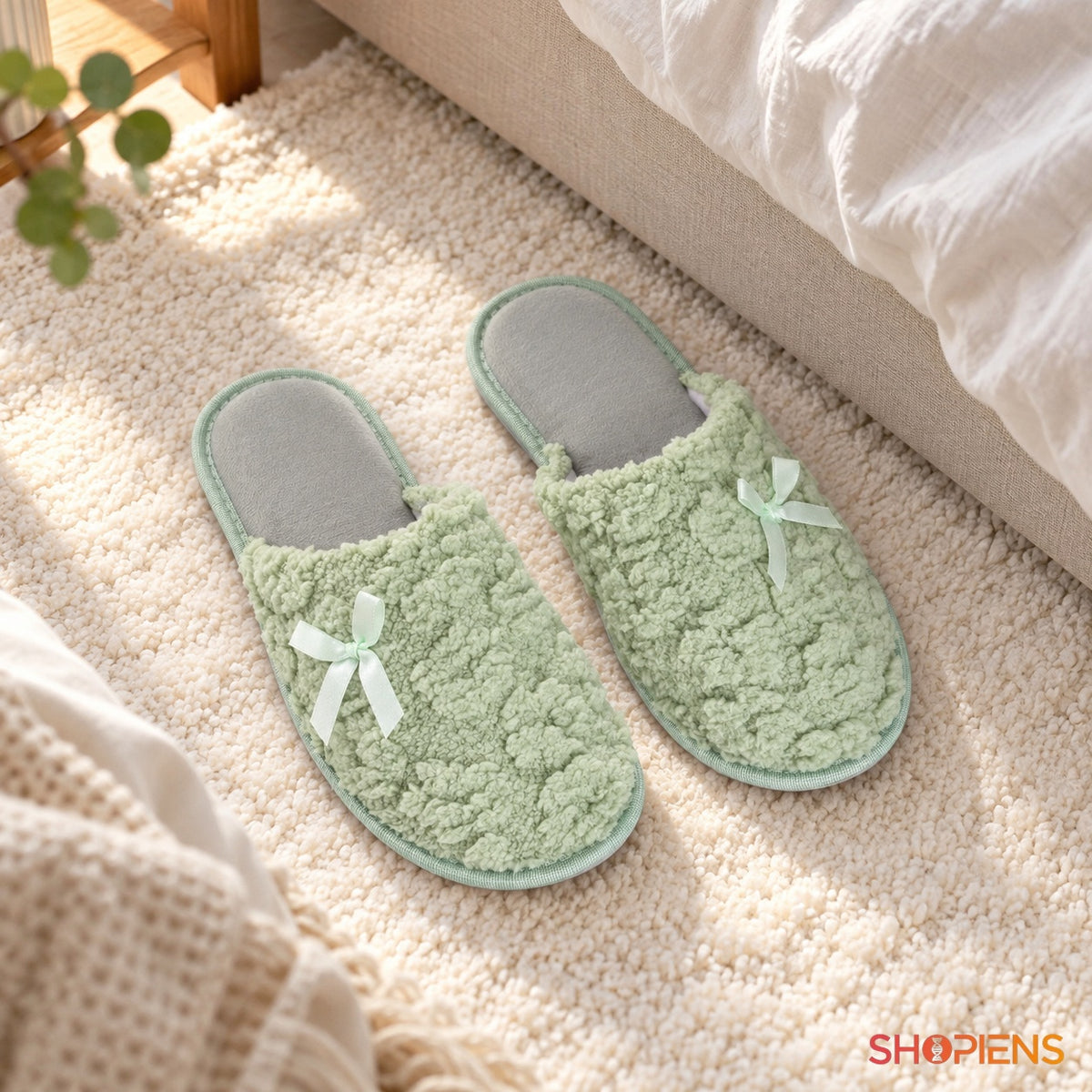Papuci verde mentă cu flori în relief — în decor de casă, mărimea 39-40