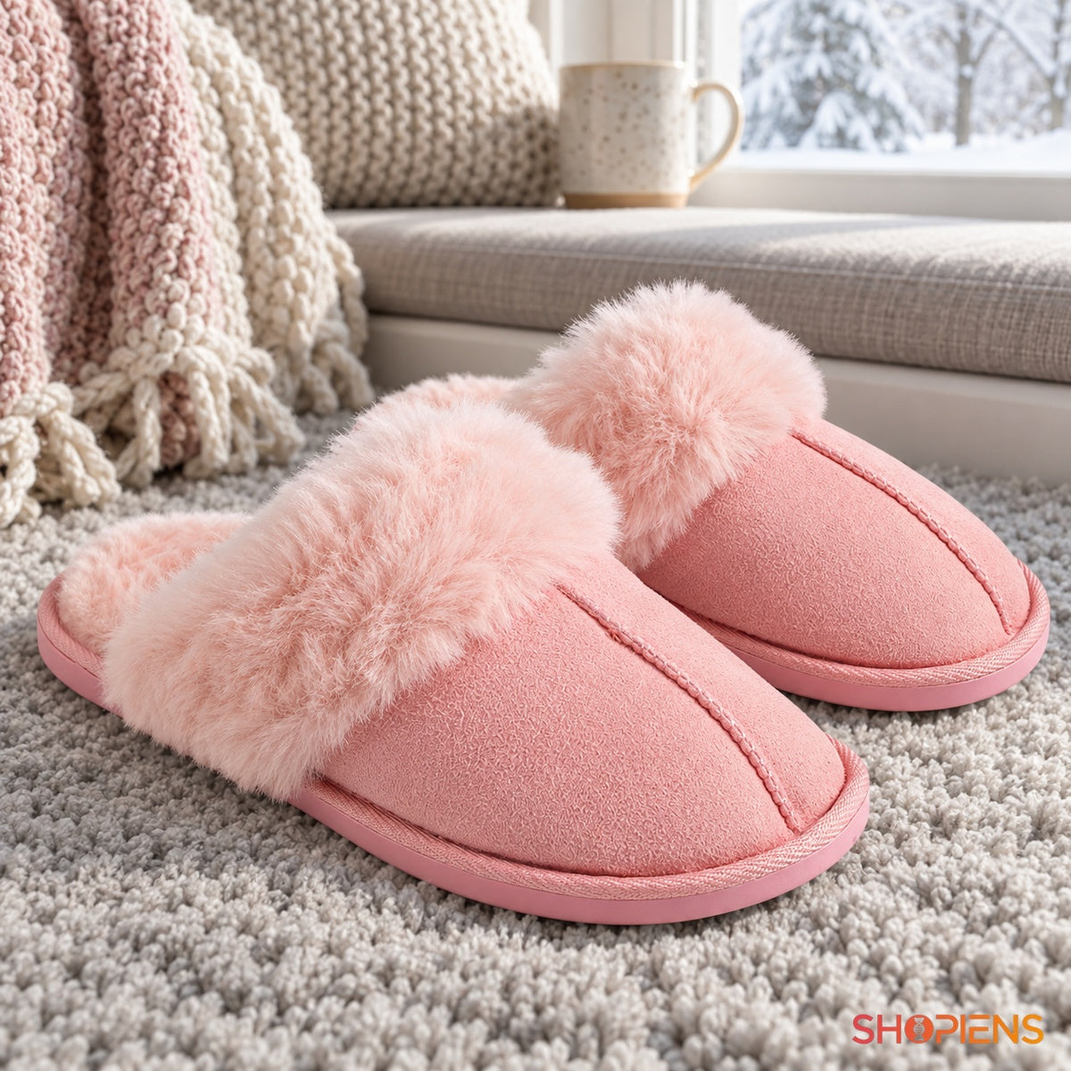 Papuci roz cu bordură din blană artificială — în decor de casă, mărimea 39-40