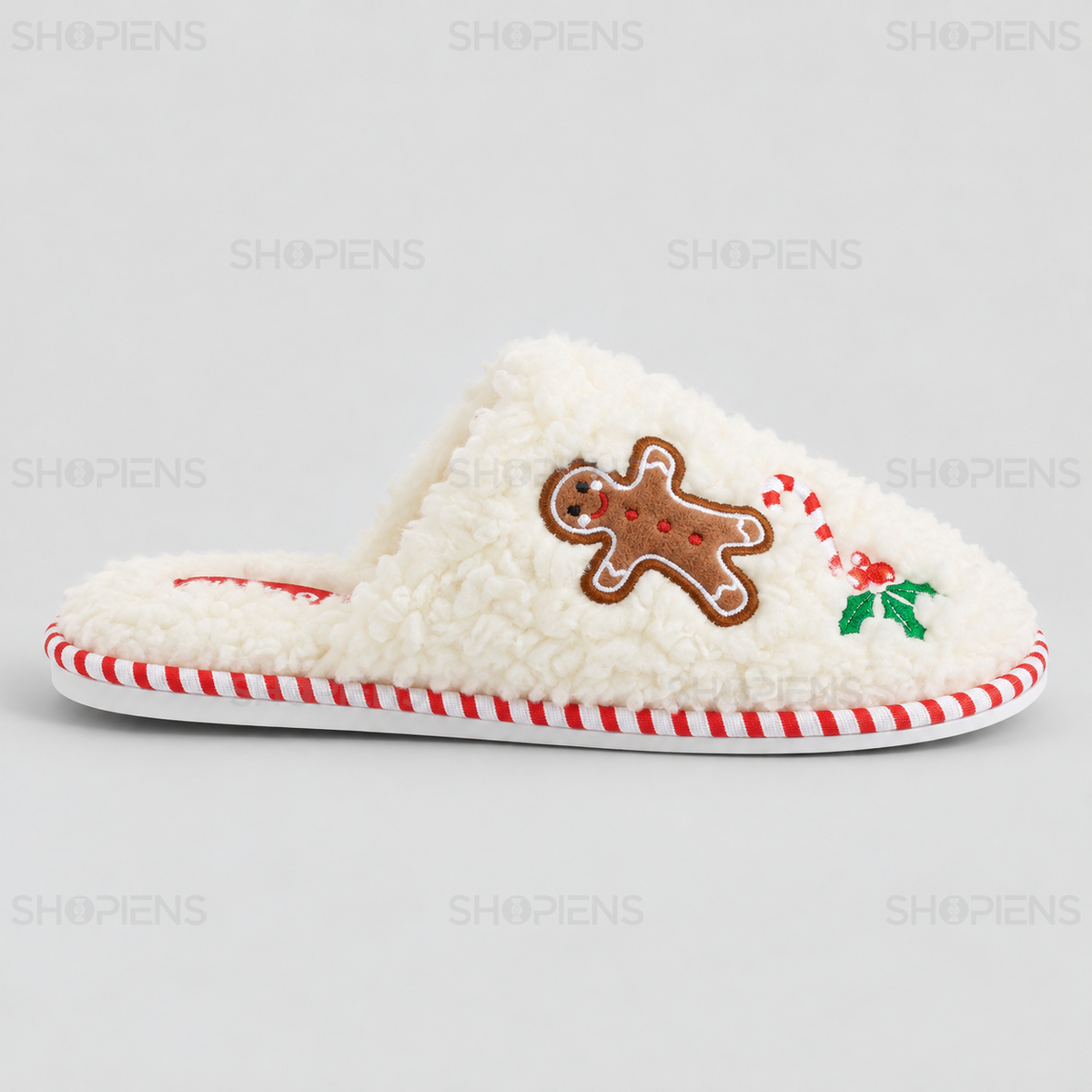 Papuci albi cu om de turtă dulce și bordură candy – profil dreapta pe fundal gri deschis | Shopiens®