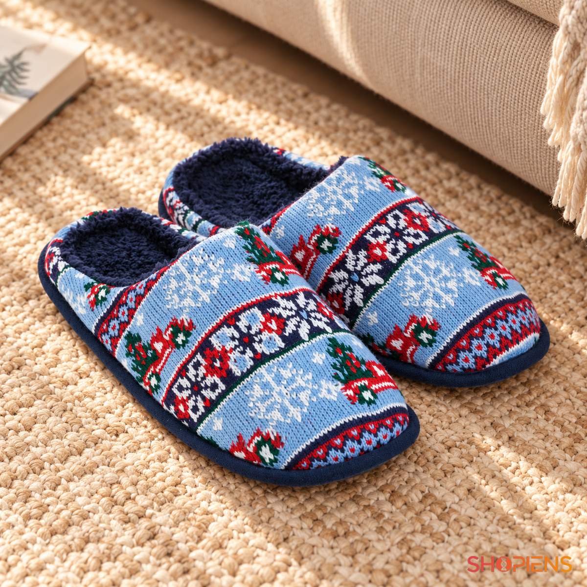 Papuci bleu jacquard cu camioane și căptușeală pufoasă, pereche nepurtată în decor de interior, decor neinclus pentru mărimea 41-42 | Shopiens®