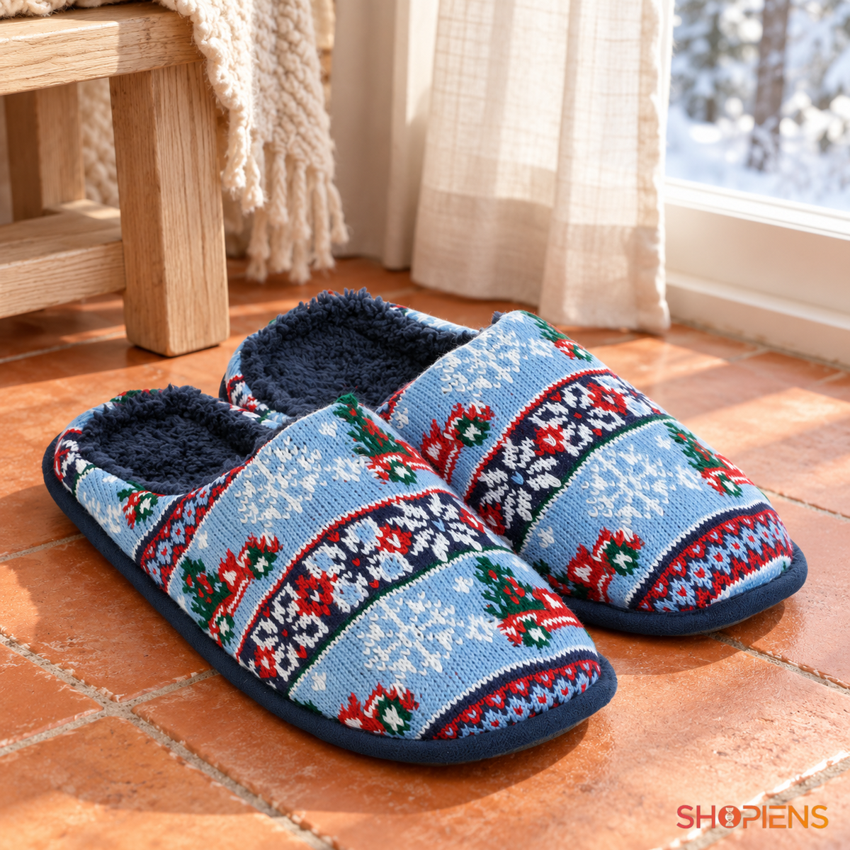Papuci bleu jacquard cu camioane și căptușeală pufoasă, pereche nepurtată în decor de interior, decor neinclus pentru mărimea 43-44 | Shopiens®