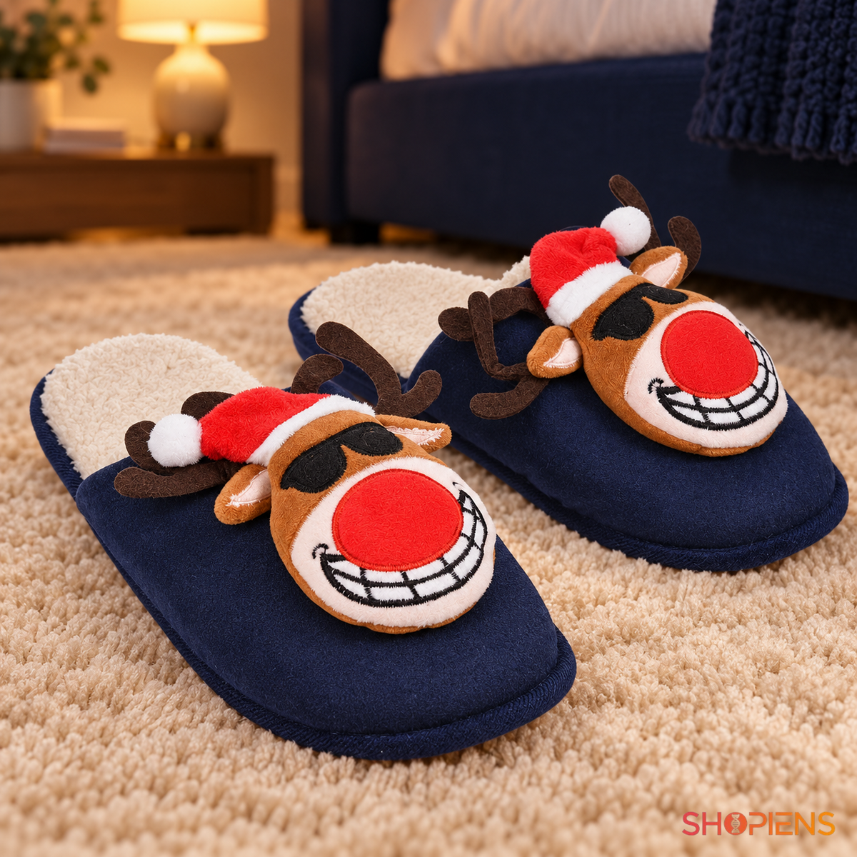 Papuci bleumarin cu ren 3D și blăniță ecru, pereche nepurtată în decor de interior, decor neinclus pentru mărimea 43-44 | Shopiens®