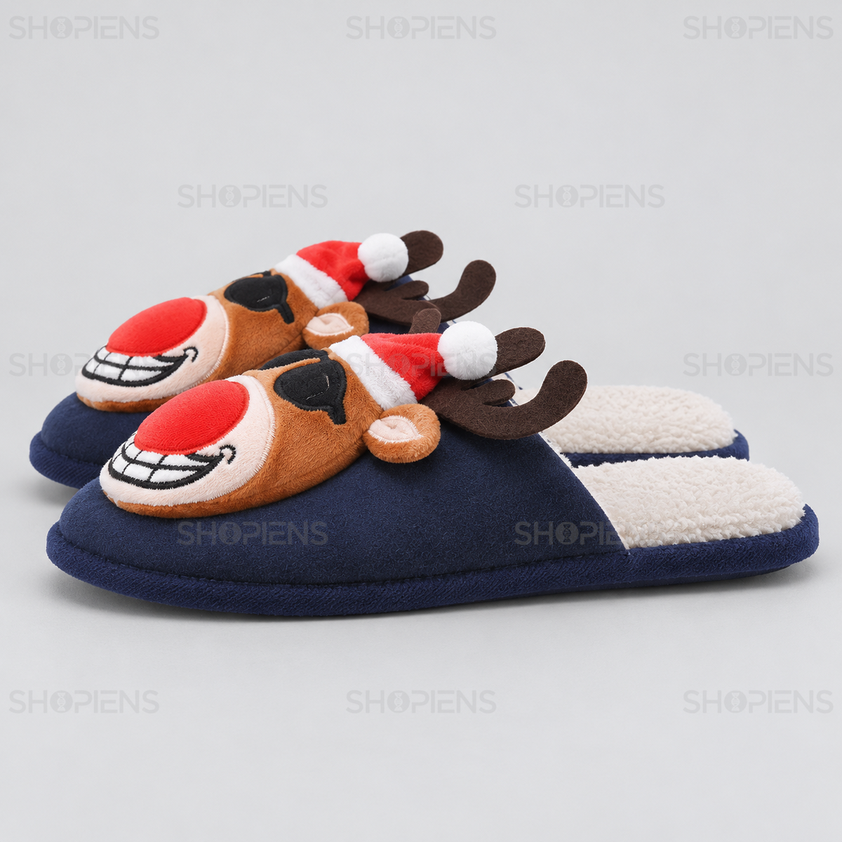 Papuci bleumarin cu ren 3D și blăniță ecru, vedere din profil stânga pe fundal gri deschis | Shopiens®