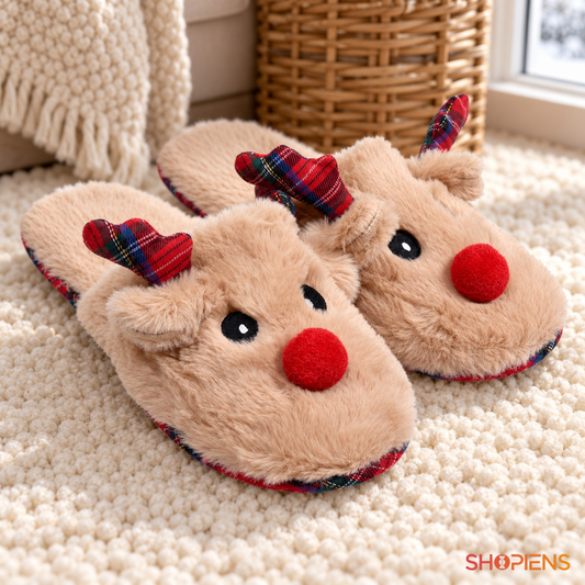 Papuci bej cu ren 3D și nas roșu cu pompon, pereche nepurtată în decor de interior, decor neinclus | Shopiens®