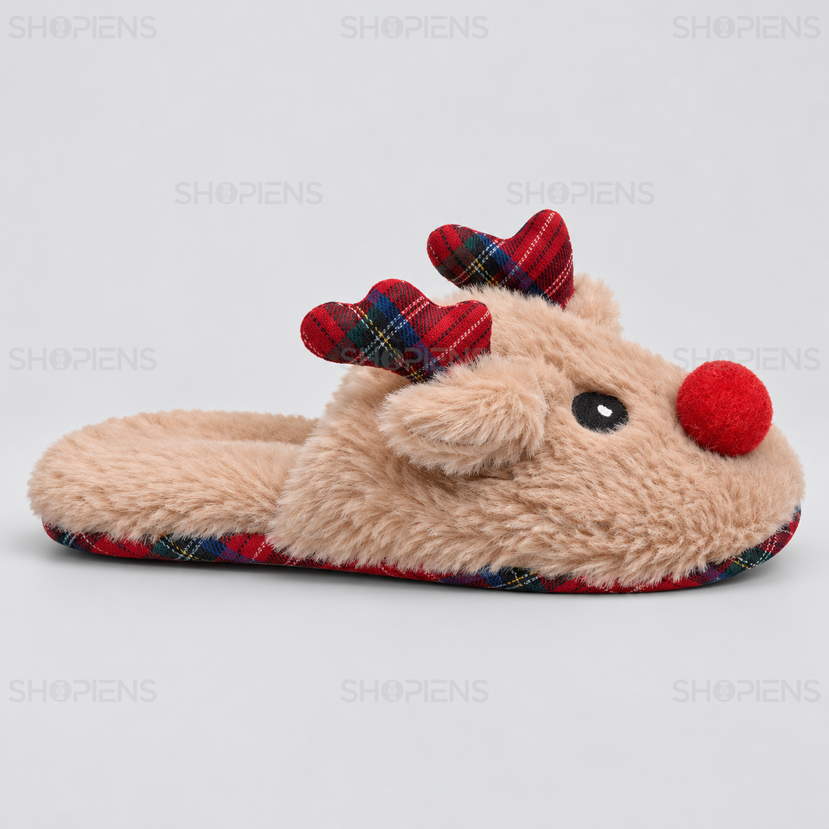 Papuci bej cu ren 3D și nas roșu cu pompon, vedere din profil dreapta pe fundal gri deschis | Shopiens®