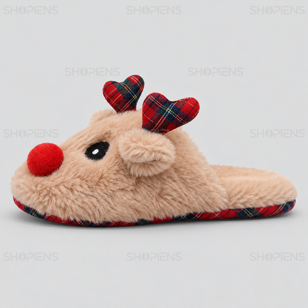 Papuci bej cu ren 3D și nas roșu cu pompon, vedere din profil stânga pe fundal gri deschis | Shopiens®