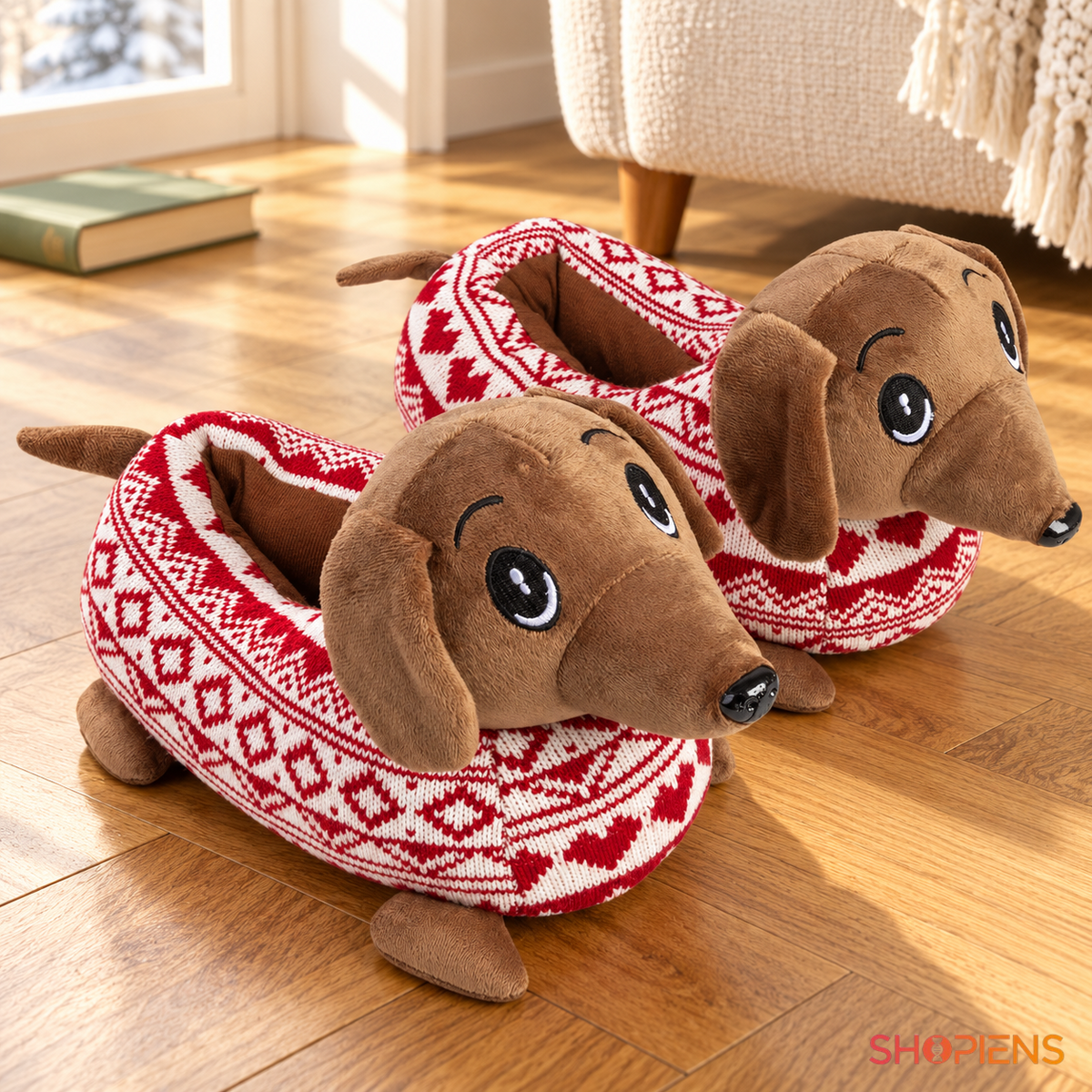 Papuci cu cățeluș 3D maro și model jacquard roșu, pereche nepurtată în decor de interior, decor neinclus pentru mărimea 37-38 | Shopiens®