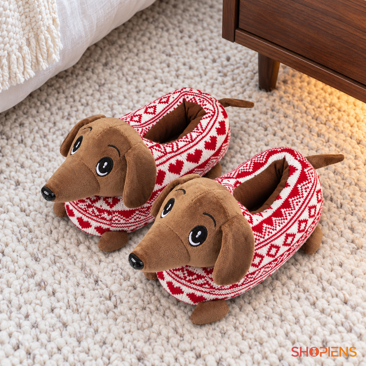Papuci cu cățeluș 3D maro și model jacquard roșu, pereche nepurtată în decor de interior, decor neinclus pentru mărimea 39-40 | Shopiens®