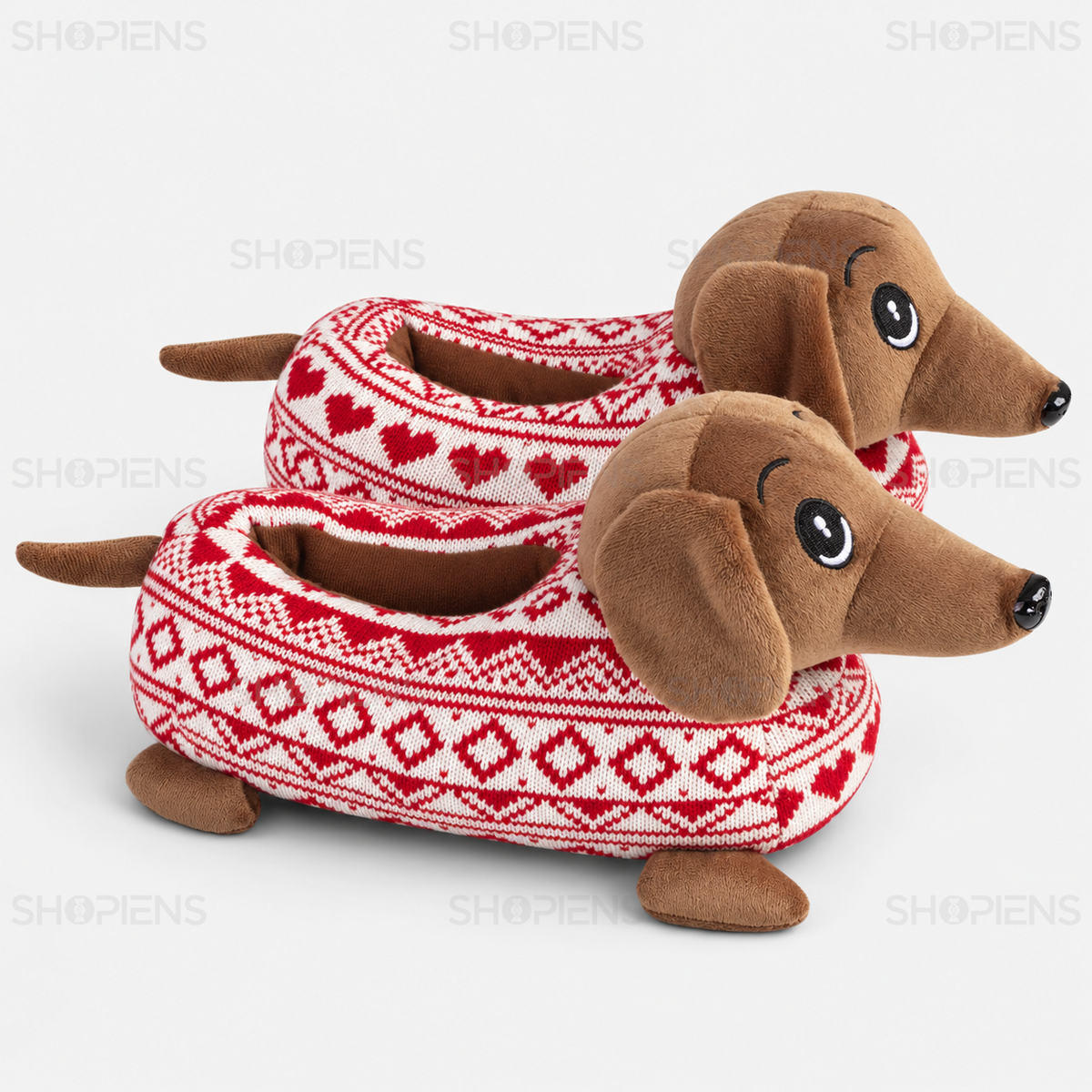 Papuci cu cățeluș 3D maro și model jacquard roșu, vedere din profil dreapta pe fundal gri deschis | Shopiens®