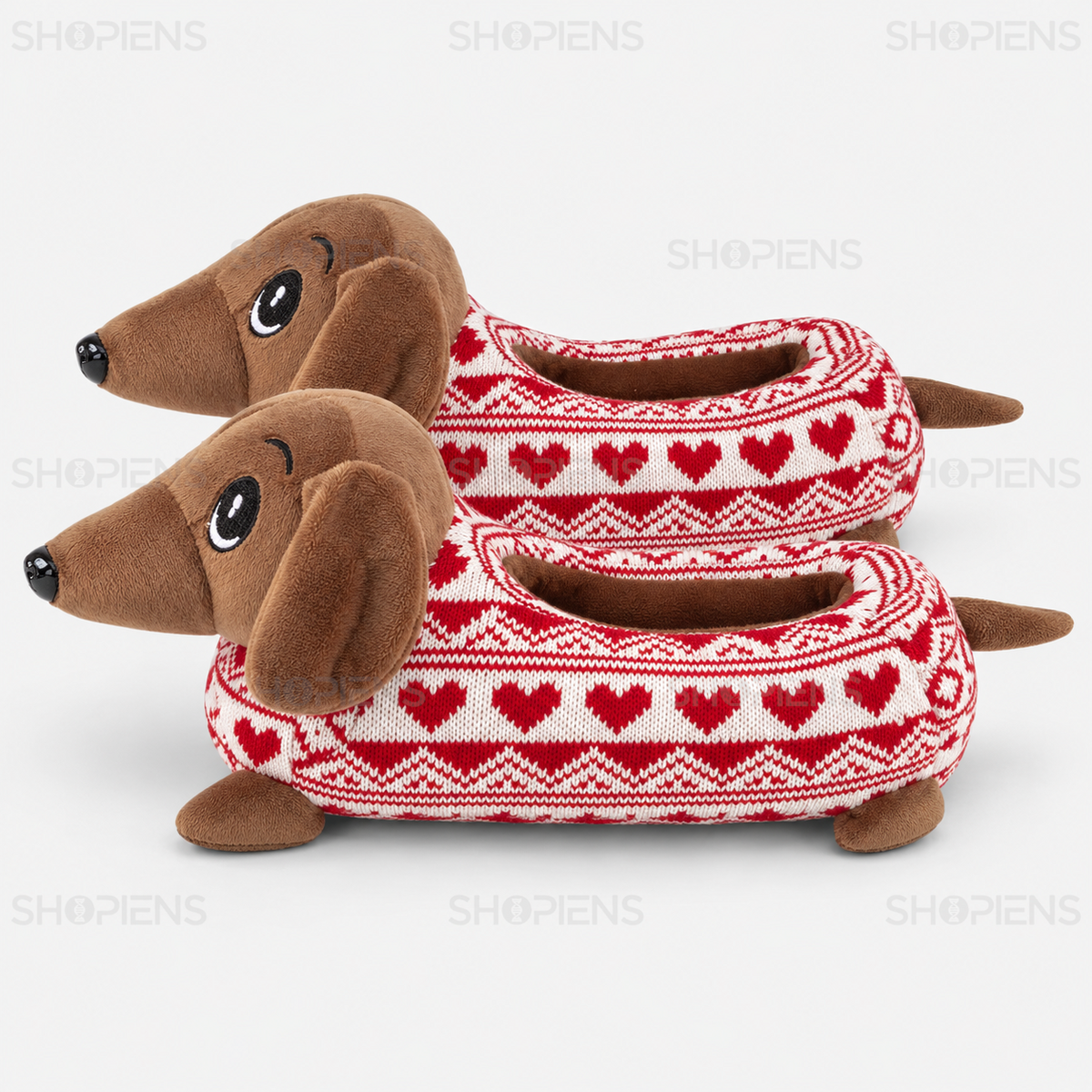 Papuci cu cățeluș 3D maro și model jacquard roșu, vedere din profil stânga pe fundal gri deschis | Shopiens®
