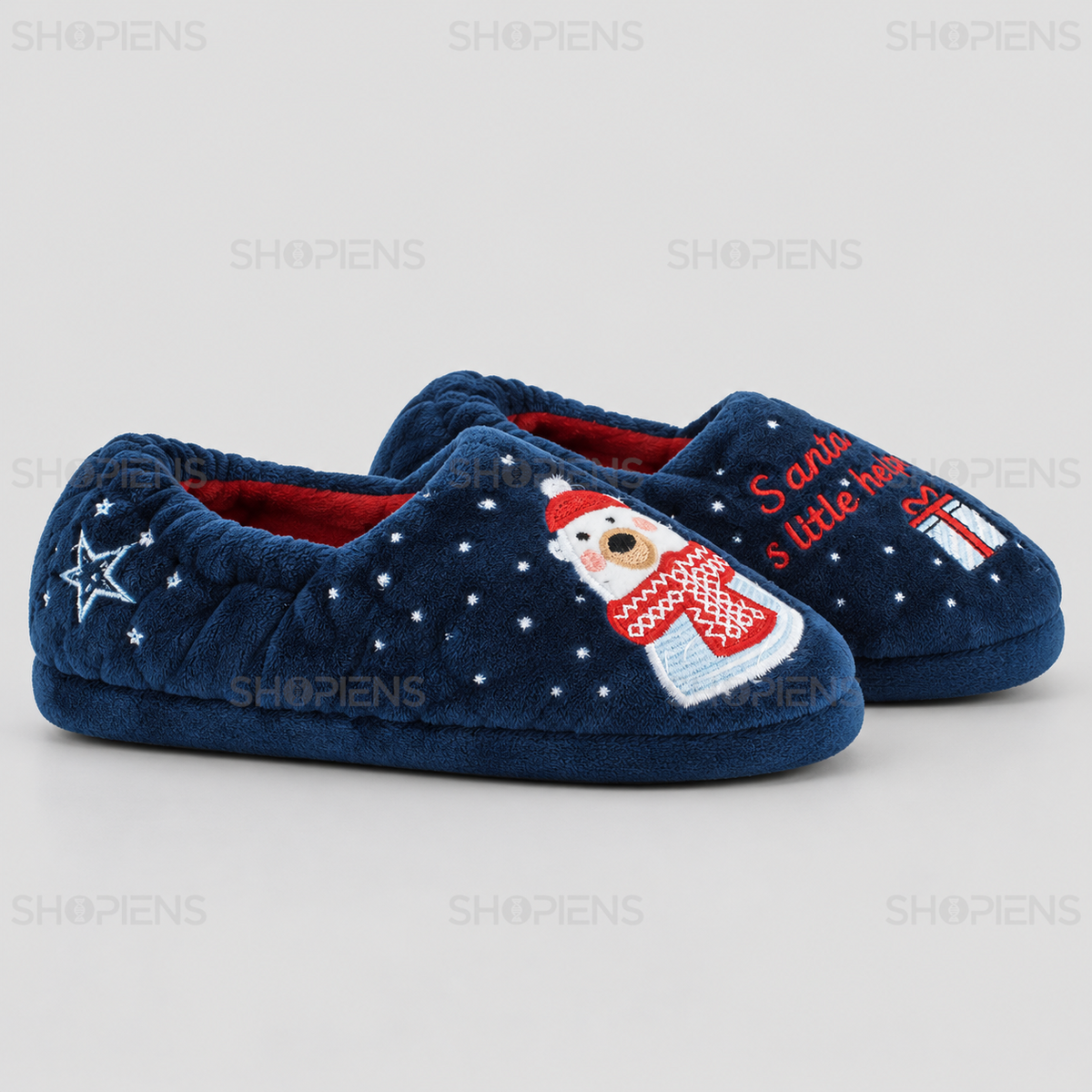 Papuci albaștri pentru copii cu ursuleț și elastic la călcâi, vedere din profil dreapta pe fundal gri deschis | Shopiens®