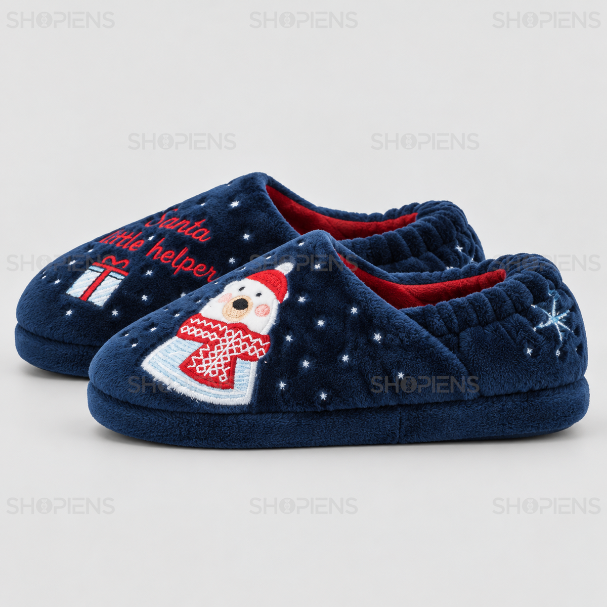 Papuci albaștri pentru copii cu ursuleț și elastic la călcâi, vedere din profil stânga pe fundal gri deschis | Shopiens®