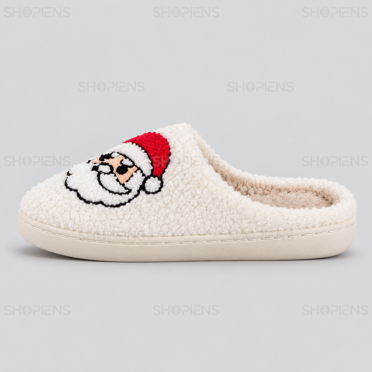 Papuci ecru cu Moș Crăciun și talpă întărită – profil stânga pe fundal gri deschis | Shopiens®