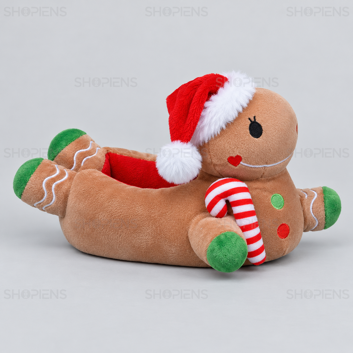 Papuci maro cu personaje 3D din turtă dulce, vedere din profil dreapta pe fundal gri deschis | Shopiens®