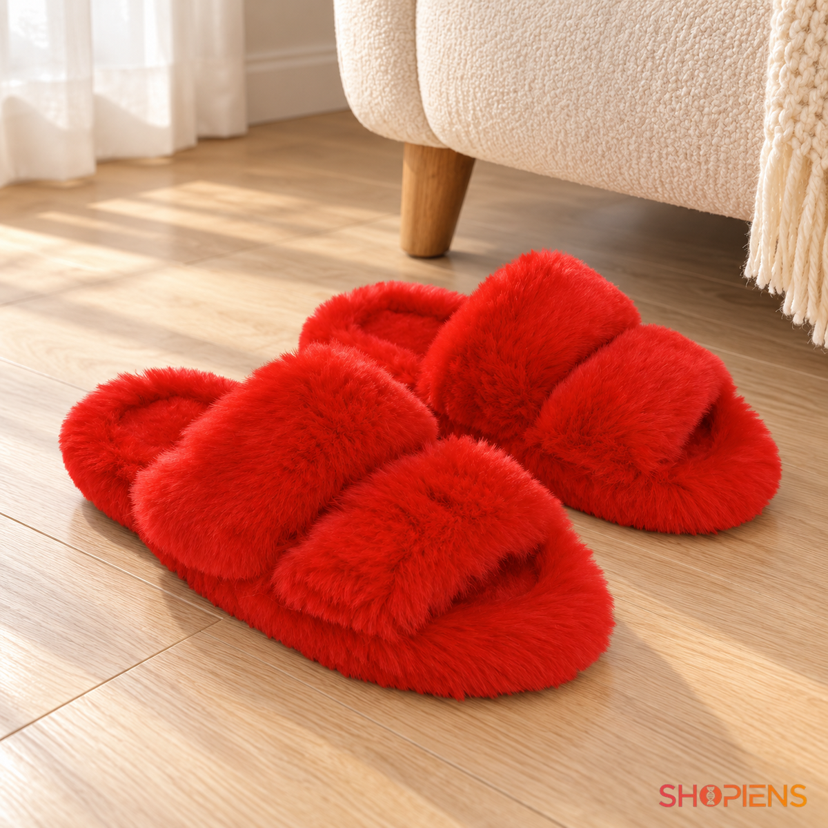 Papuci deschiși roșii cu blăniță și bandă dublă, pereche nepurtată în decor de interior, decor neinclus | Shopiens®
