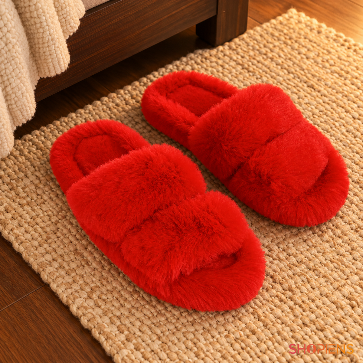 Papuci deschiși roșii cu blăniță și bandă dublă, pereche nepurtată în decor de interior, decor neinclus | Shopiens®