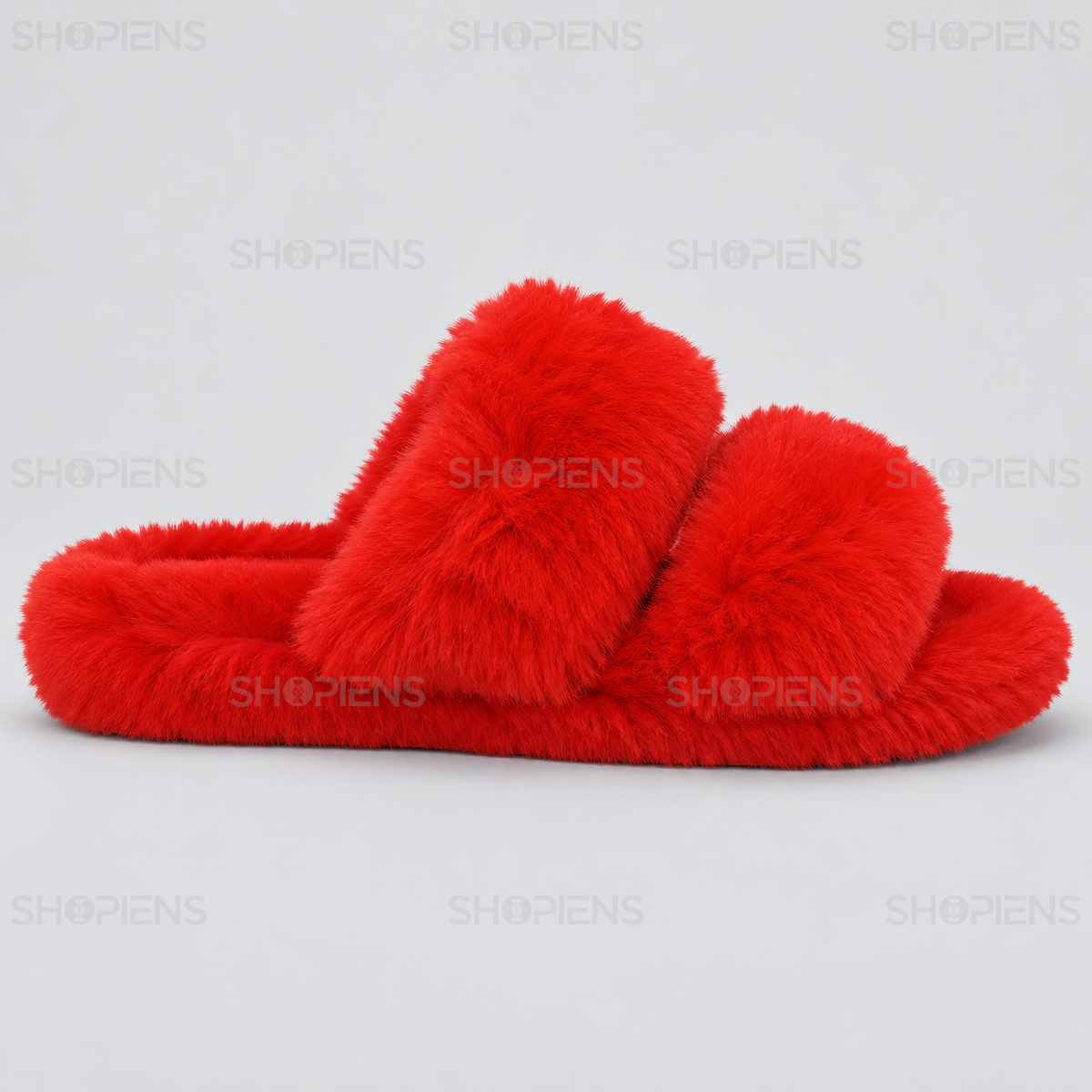 Papuci deschiși roșii cu blăniță și bandă dublă, vedere din profil dreapta pe fundal gri deschis | Shopiens®