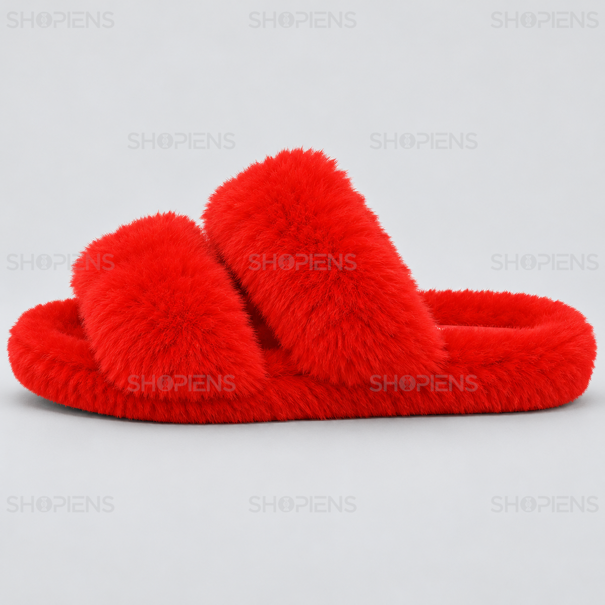 Papuci deschiși roșii cu blăniță și bandă dublă, vedere din profil stânga pe fundal gri deschis | Shopiens®