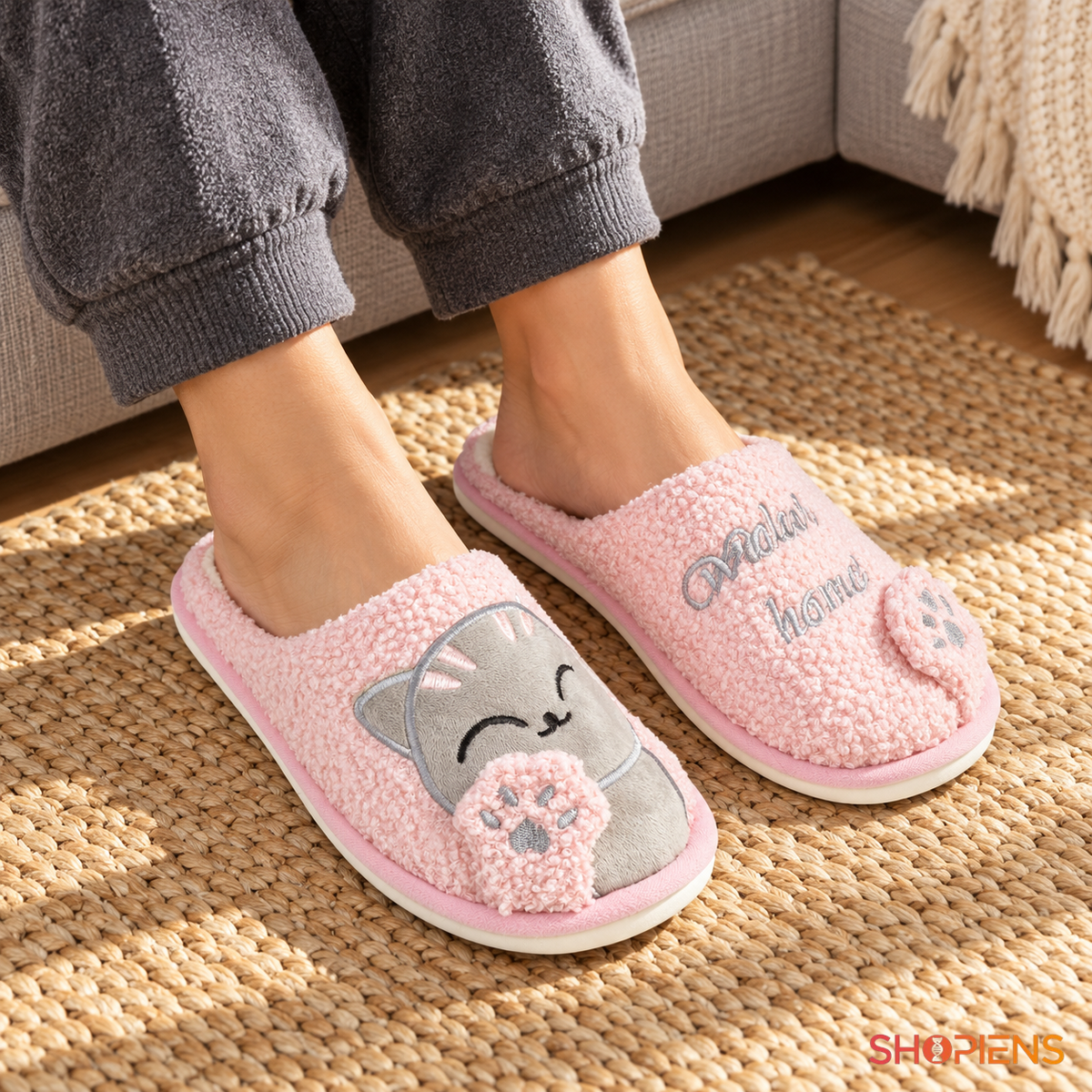 Papuci roz cu pisică gri și lăbuțe în relief – în decor de casă, mărimea 38-39 | Shopiens®