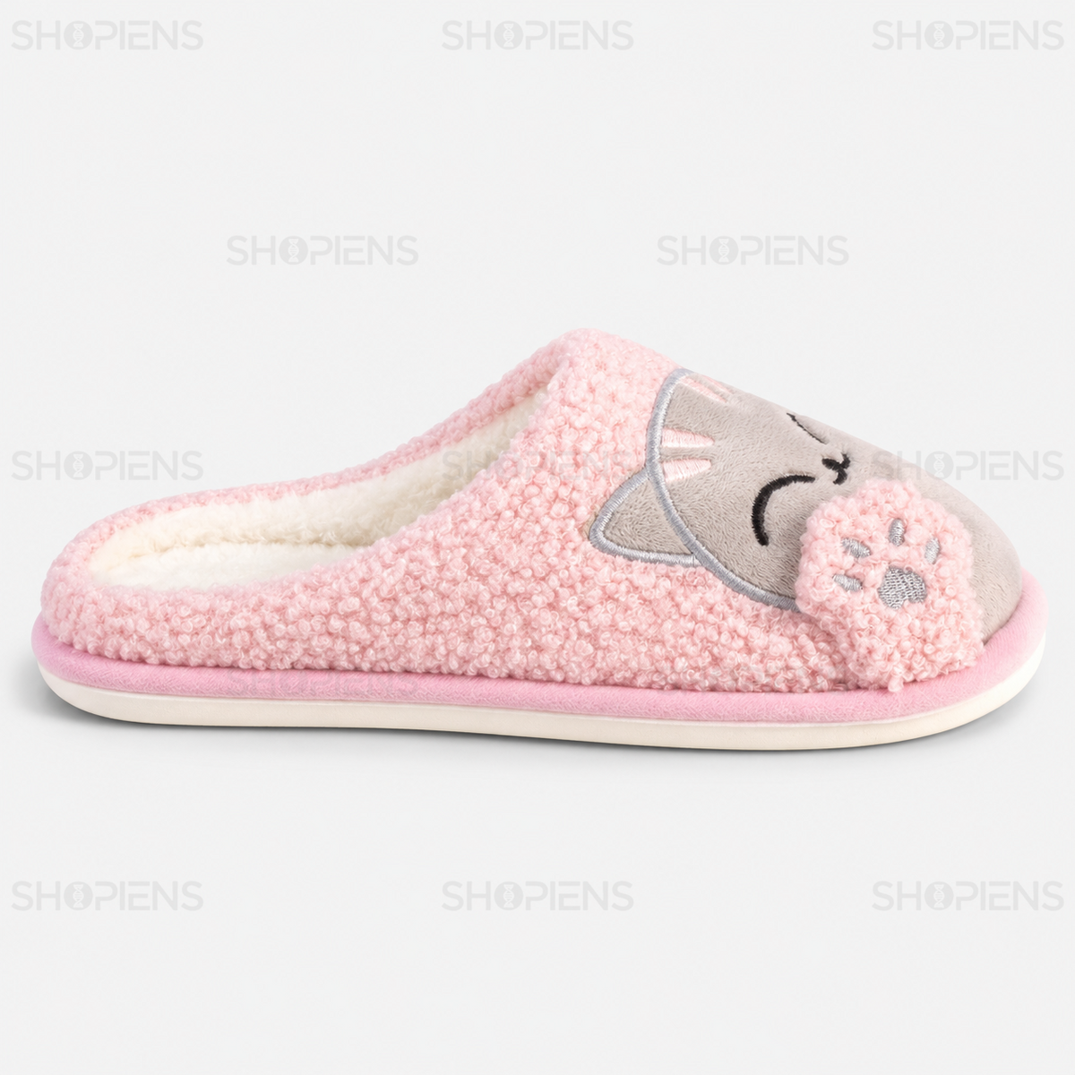 Papuci roz cu pisică gri și lăbuțe în relief – profil dreapta pe fundal gri deschis | Shopiens®