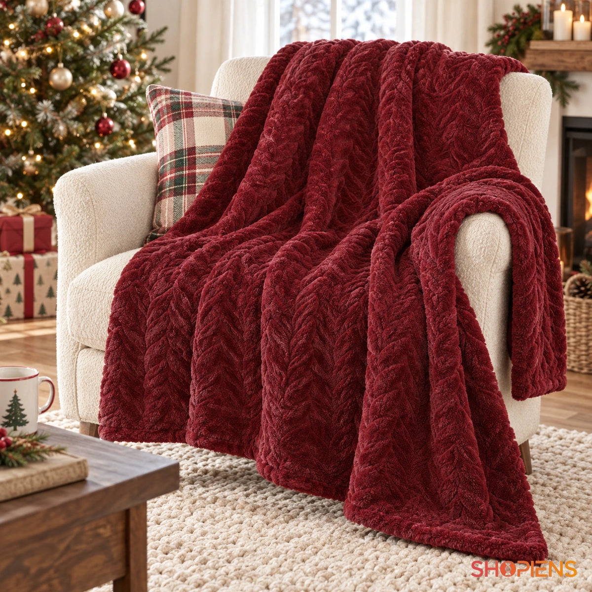Pătură bordo cu model împletit, 160 × 130 cm, pe fotoliu, cadru lifestyle 1 | Shopiens®