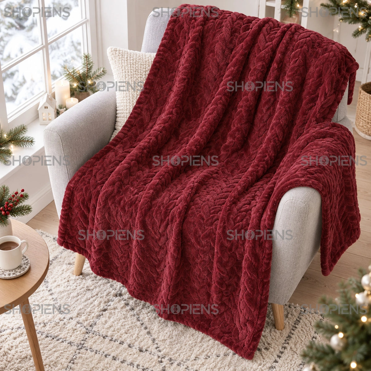Pătură bordo cu model împletit, 160 × 130 cm, pe fotoliu, cadru lifestyle 2 | Shopiens®