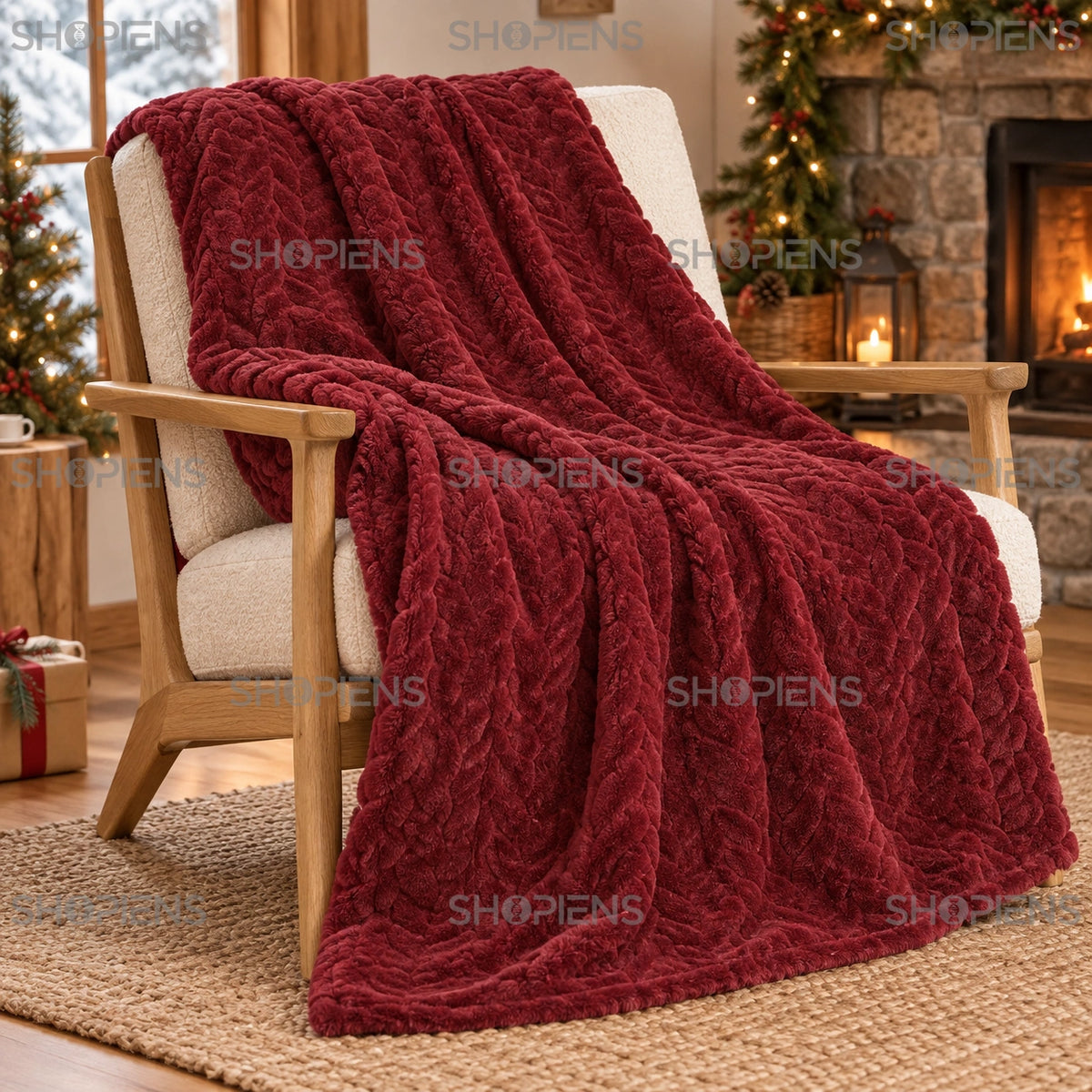 Pătură bordo cu model împletit, 160 × 130 cm, pe fotoliu, cadru lifestyle 3 | Shopiens®