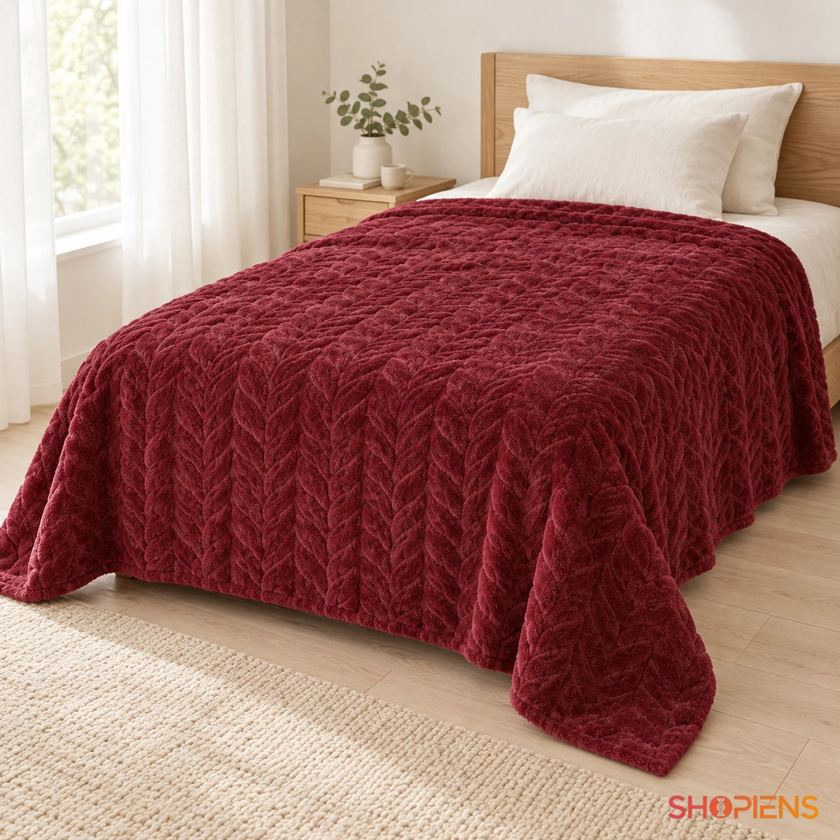 Pătură bordo cu model împletit, 220 × 150 cm, pe pat, cadru lifestyle 1 | Shopiens®