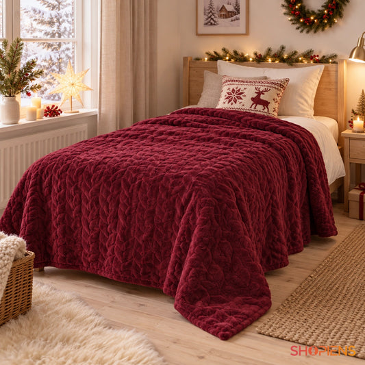 Pătură bordo cu model împletit, 220 × 150 cm, pe pat, cadru lifestyle 1 | Shopiens®