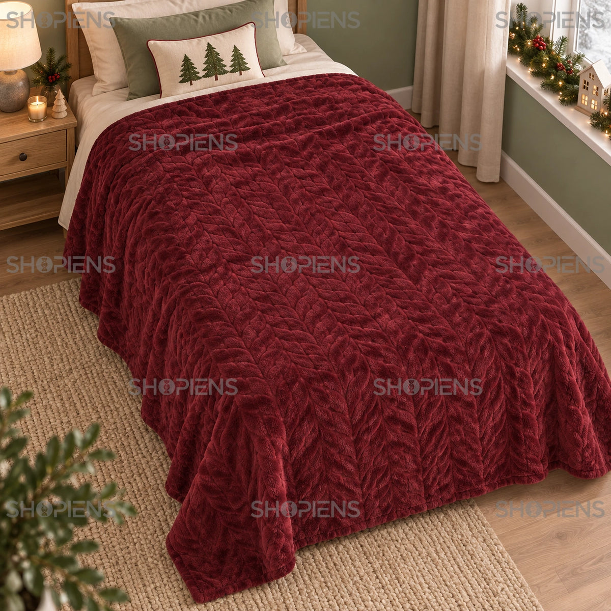 Pătură bordo cu model împletit, 220 × 150 cm, pe pat, cadru lifestyle 2 | Shopiens®