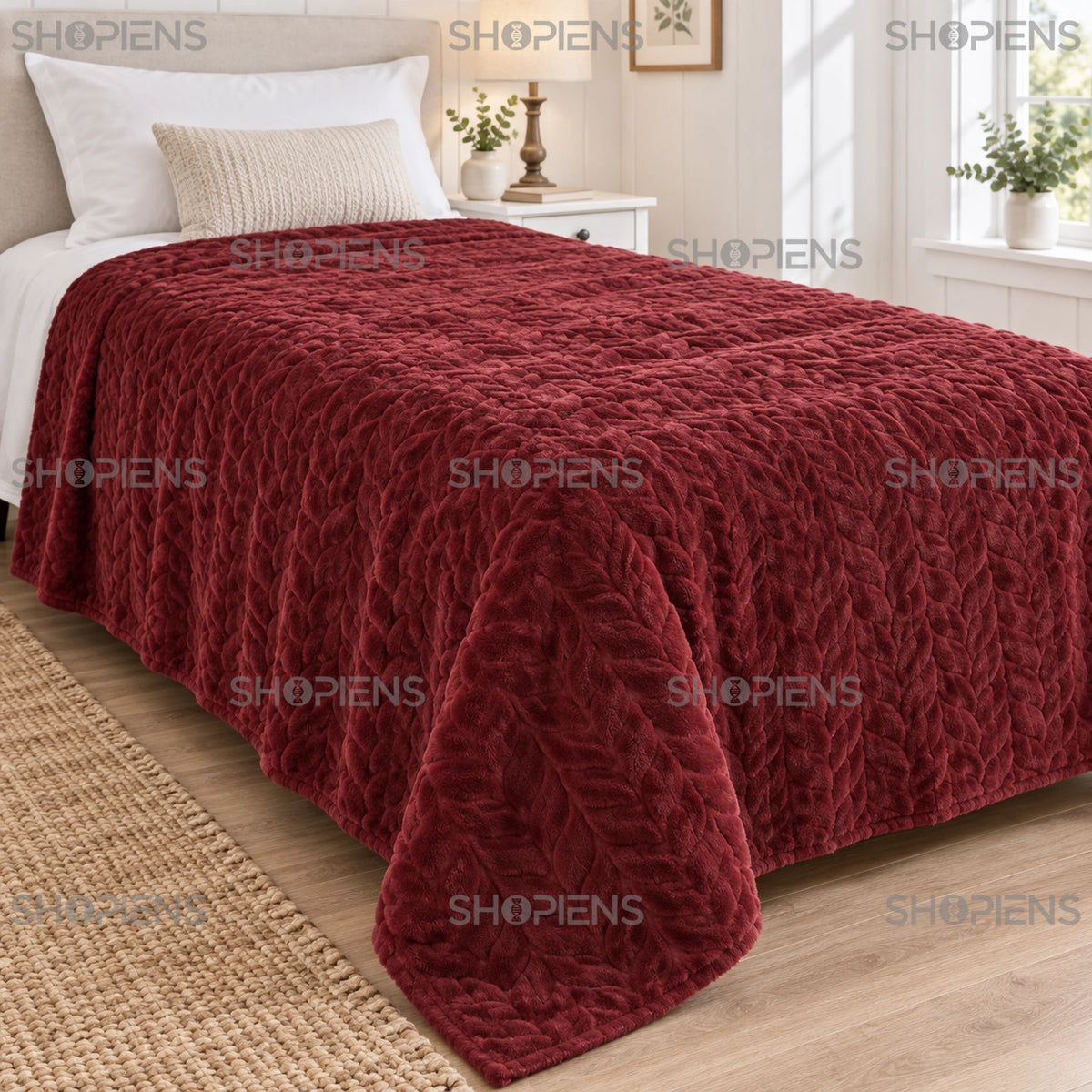 Pătură bordo cu model împletit, 220 × 150 cm, pe pat, cadru lifestyle 3 | Shopiens®