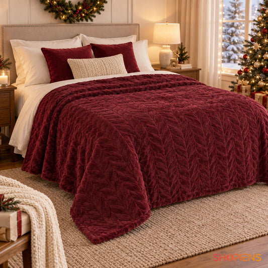 Pătură bordo cu model împletit, 230 × 220 cm, pe pat, cadru lifestyle 1 | Shopiens®
