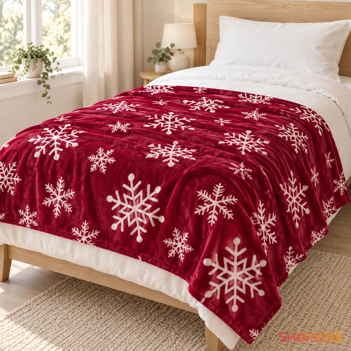 Pătură bordo cu fulgi albi, 160 × 130 cm, întinsă pe pat în decor luminos | Shopiens®
