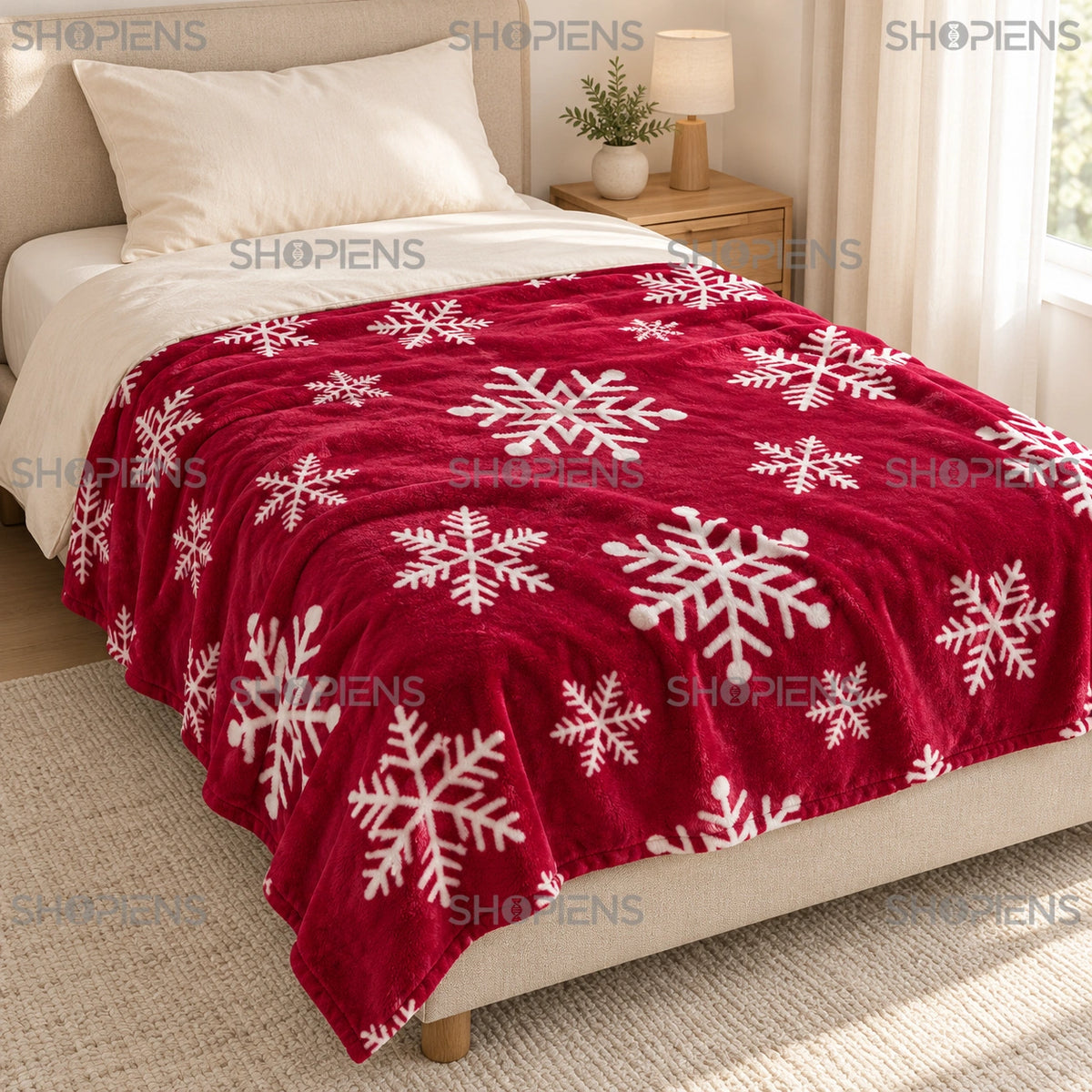 Pătură bordo cu fulgi albi, 160 × 130 cm, vedere de sus pe pat | Shopiens®