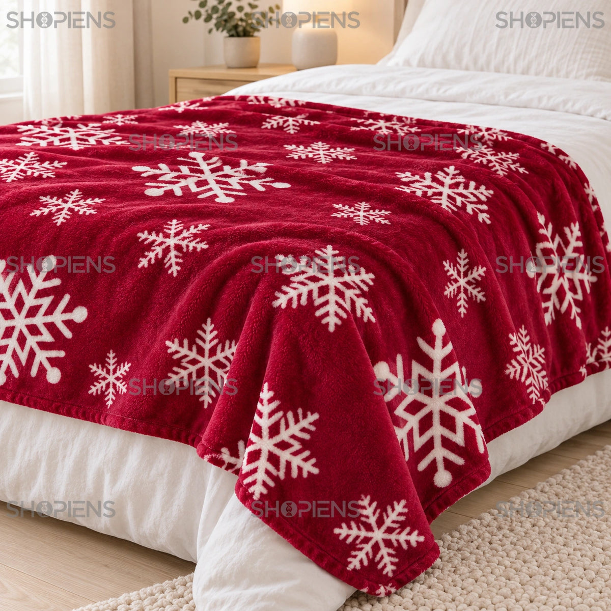 Detaliu al păturii bordo cu fulgi albi, 160 × 130 cm, pe marginea patului | Shopiens®