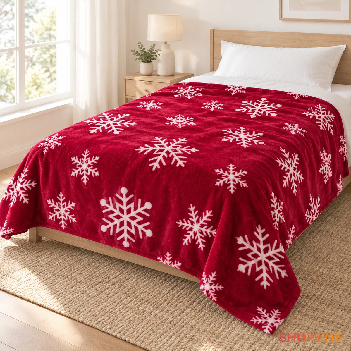 Pătură bordo cu fulgi albi, 220 × 150 cm, întinsă pe pat în decor luminos | Shopiens®