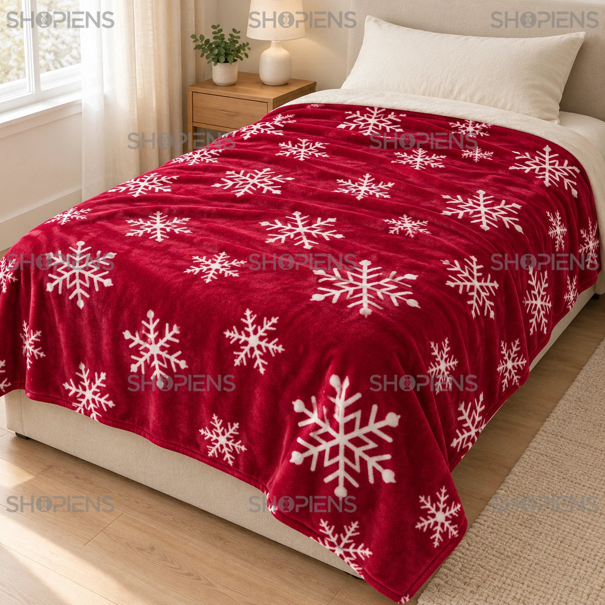 Pătură bordo cu fulgi albi, 220 × 150 cm, vedere de sus pe pat | Shopiens®
