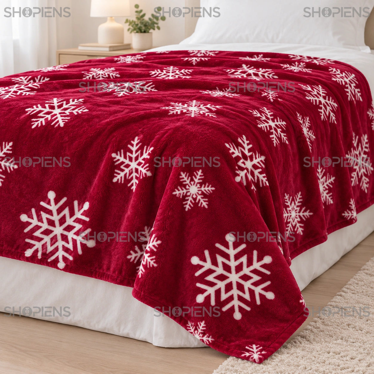 Detaliu al păturii bordo cu fulgi albi, 220 × 150 cm, pe marginea patului | Shopiens®