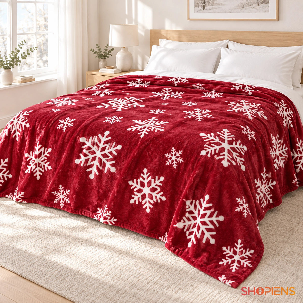 Pătură bordo cu fulgi albi, 220 × 200 cm, întinsă pe pat în decor luminos | Shopiens®