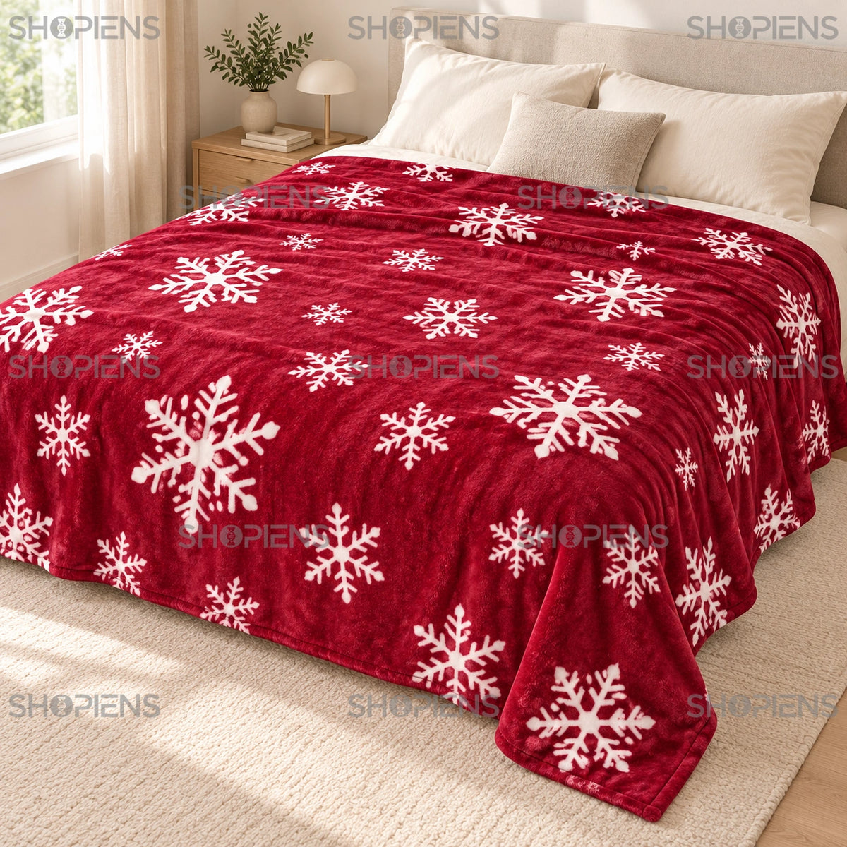 Pătură bordo cu fulgi albi, 220 × 200 cm, vedere de sus pe pat | Shopiens®