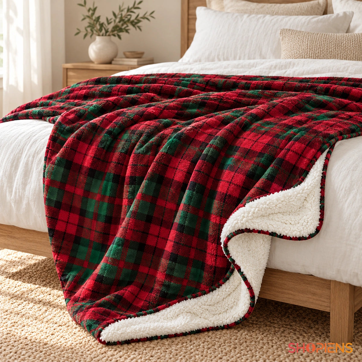 Pătură în carouri roșii cu sherpa alb, 200 × 150 cm, așezată pe pat | Shopiens®