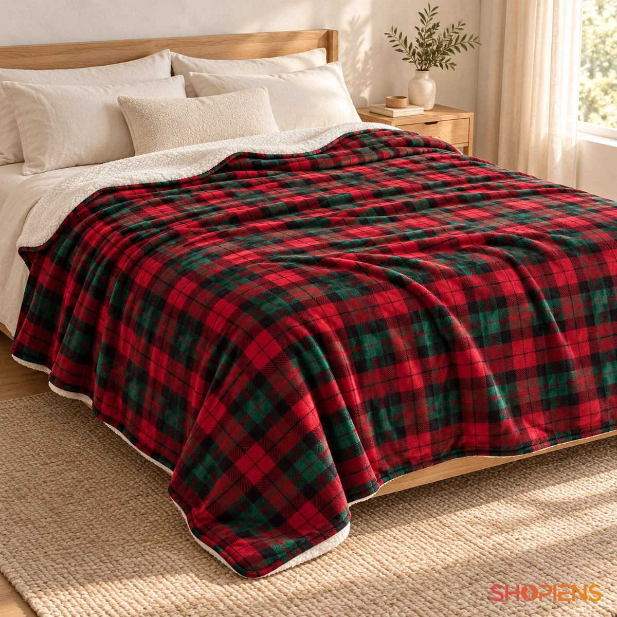 Pătură în carouri roșii cu sherpa alb, 220 × 200 cm, așezată pe pat | Shopiens®