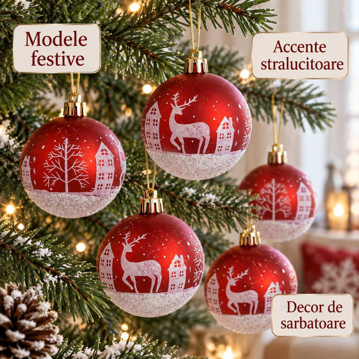 Peisaj De Iarna, Set 6 Globuri Rosii, 6 Cm - avantaje - Shopiens