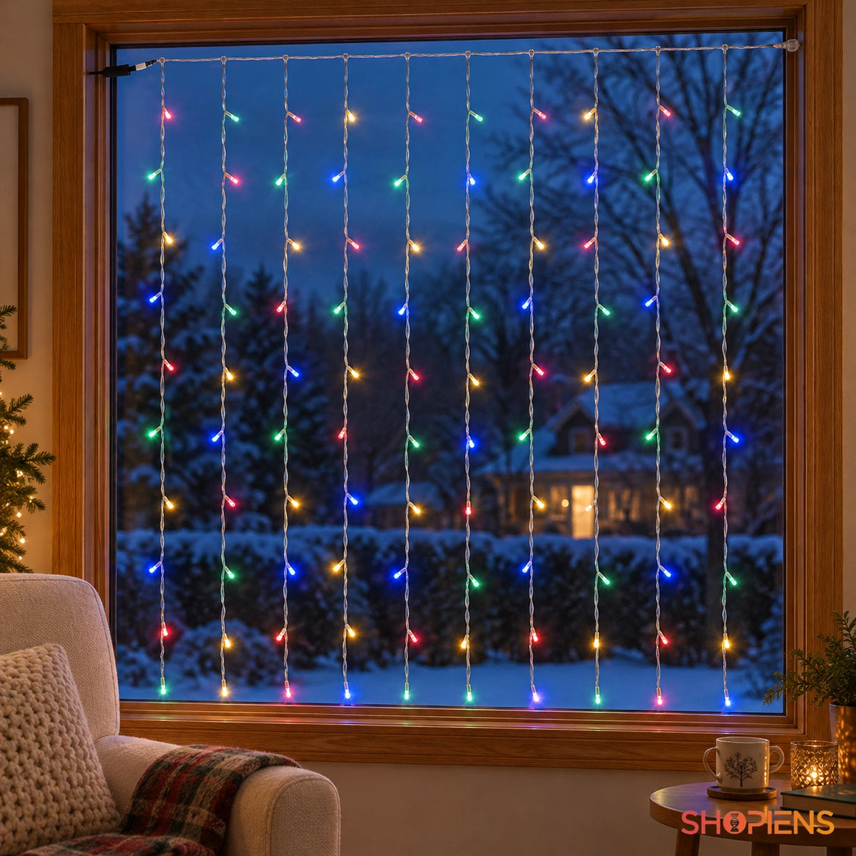 Perdea multicoloră cu 100 LED-uri, 1,5 × 1,5 m, interconectabilă, la fereastra unui living cu fotoliu crem | Shopiens®