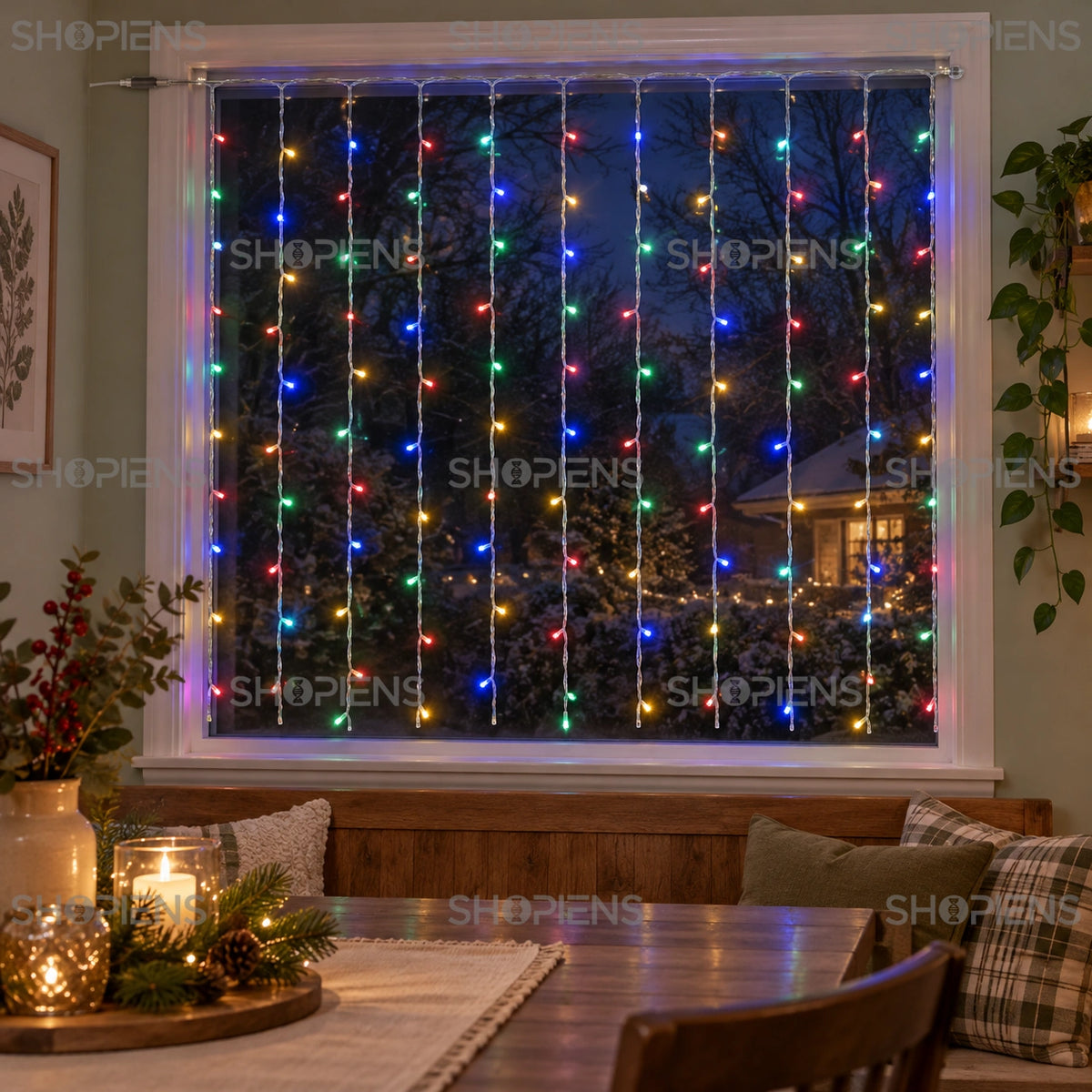 Perdea multicoloră cu 100 LED-uri, 1,5 × 1,5 m, interconectabilă, la fereastra unui colț de dining | Shopiens®