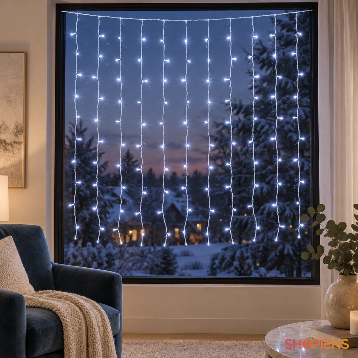 Perdea luminoasă cu 100 LED-uri alb rece, 1,5 × 1,5 m, la fereastra unui living cu fotoliu albastru | Shopiens®