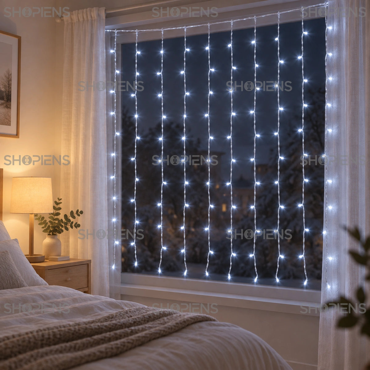 Perdea luminoasă cu 100 LED-uri alb rece, 1,5 × 1,5 m, la fereastra unui dormitor | Shopiens®